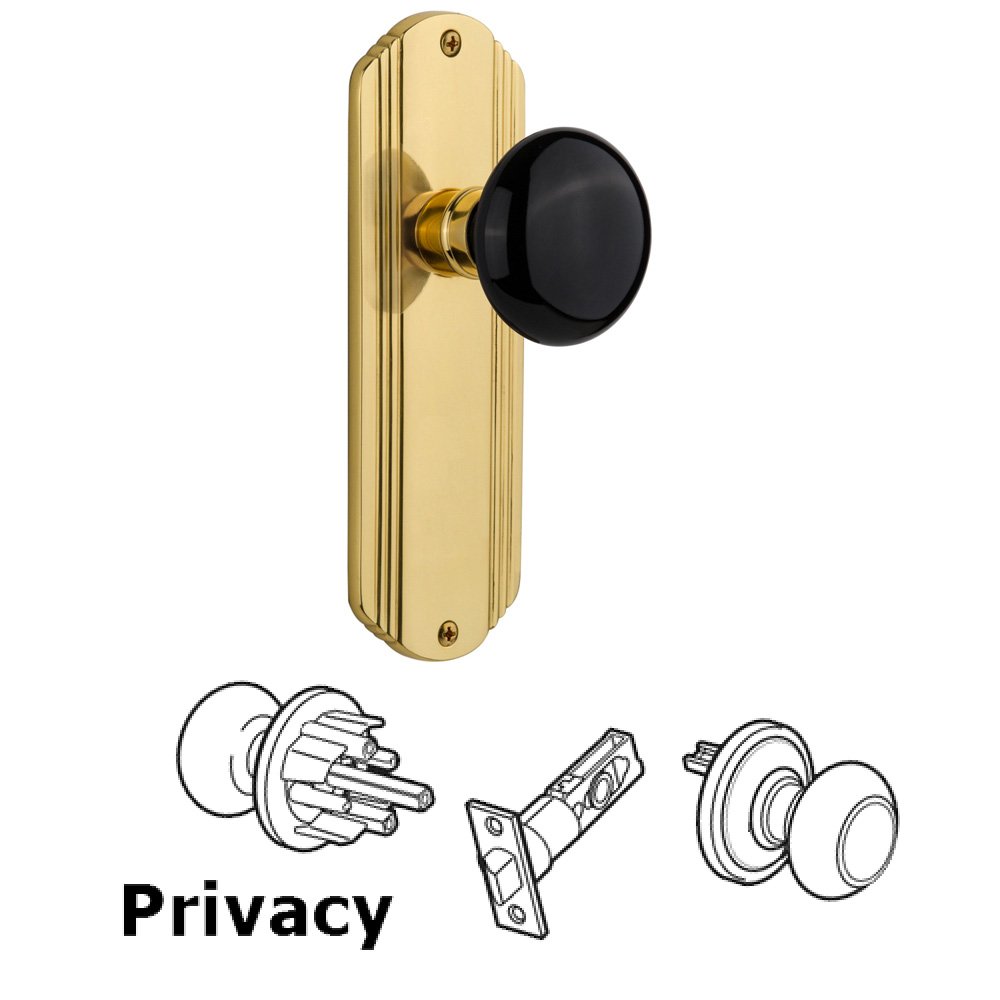 Complete Privacy Set Without Keyhole - Deco Plate with Black Porcelain Knob in Polished Brass