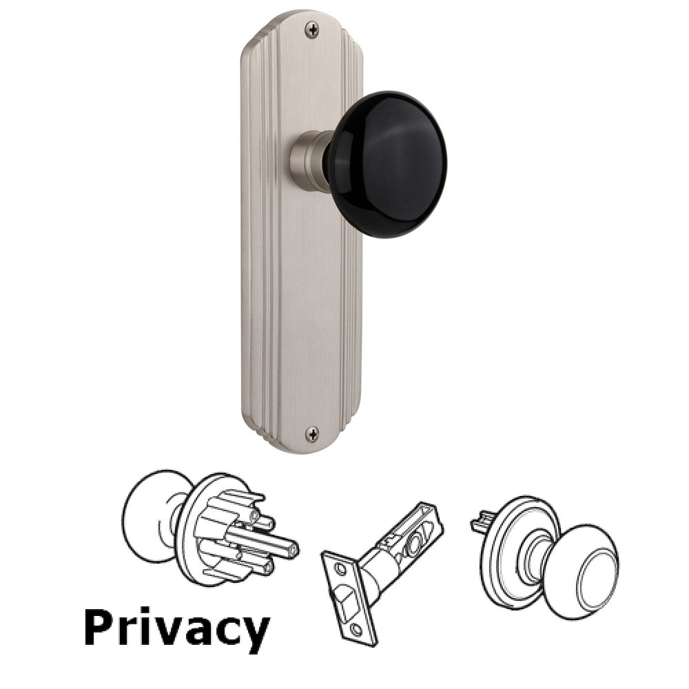 Complete Privacy Set Without Keyhole - Deco Plate with Black Porcelain Knob in Satin Nickel