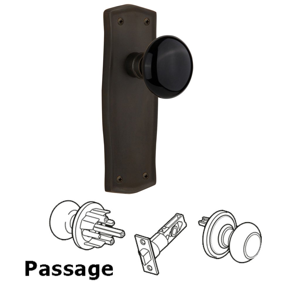 Passage Prairie Plate with Black Porcelain Door Knob in Oil-Rubbed Bronze
