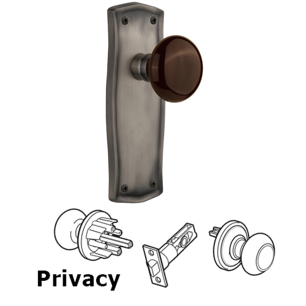 Complete Privacy Set Without Keyhole - Prairie Plate with Brown Porcelain Knob in Antique Pewter