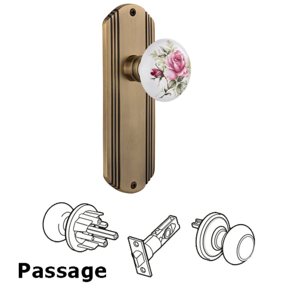 Passage Deco Plate with White Rose Porcelain Door Knob in Antique Brass