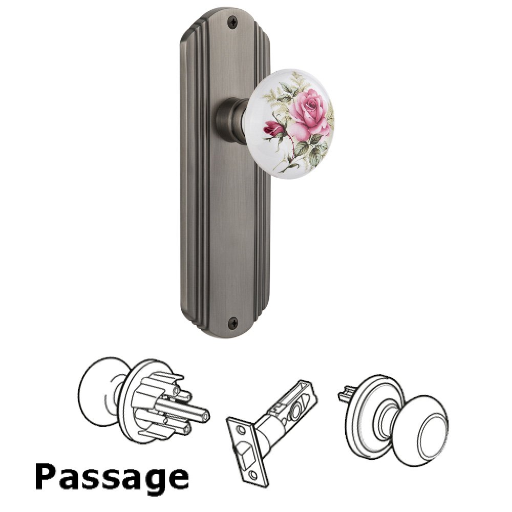 Complete Passage Set Without Keyhole - Deco Plate with Rose Porcelain Knob in Antique Pewter