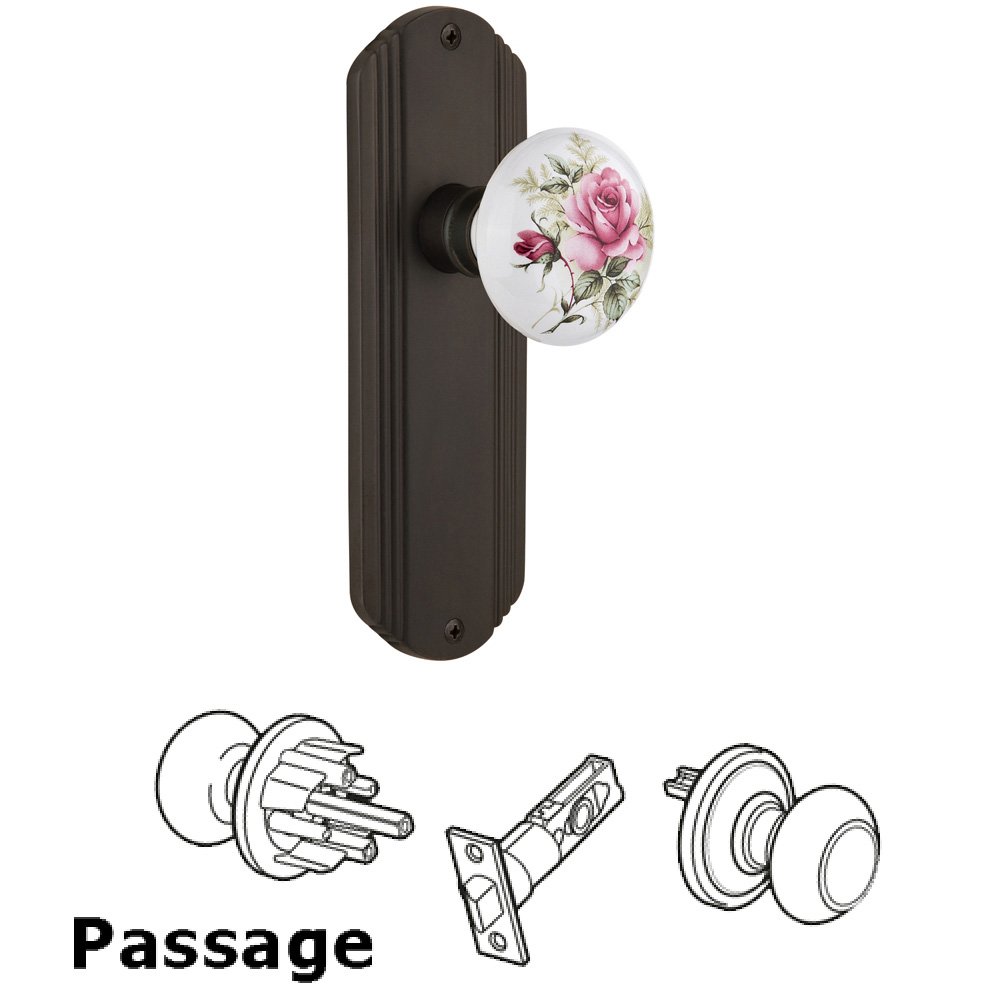 Complete Passage Set Without Keyhole - Deco Plate with Rose Porcelain Knob in Oil Rubbed Bronze