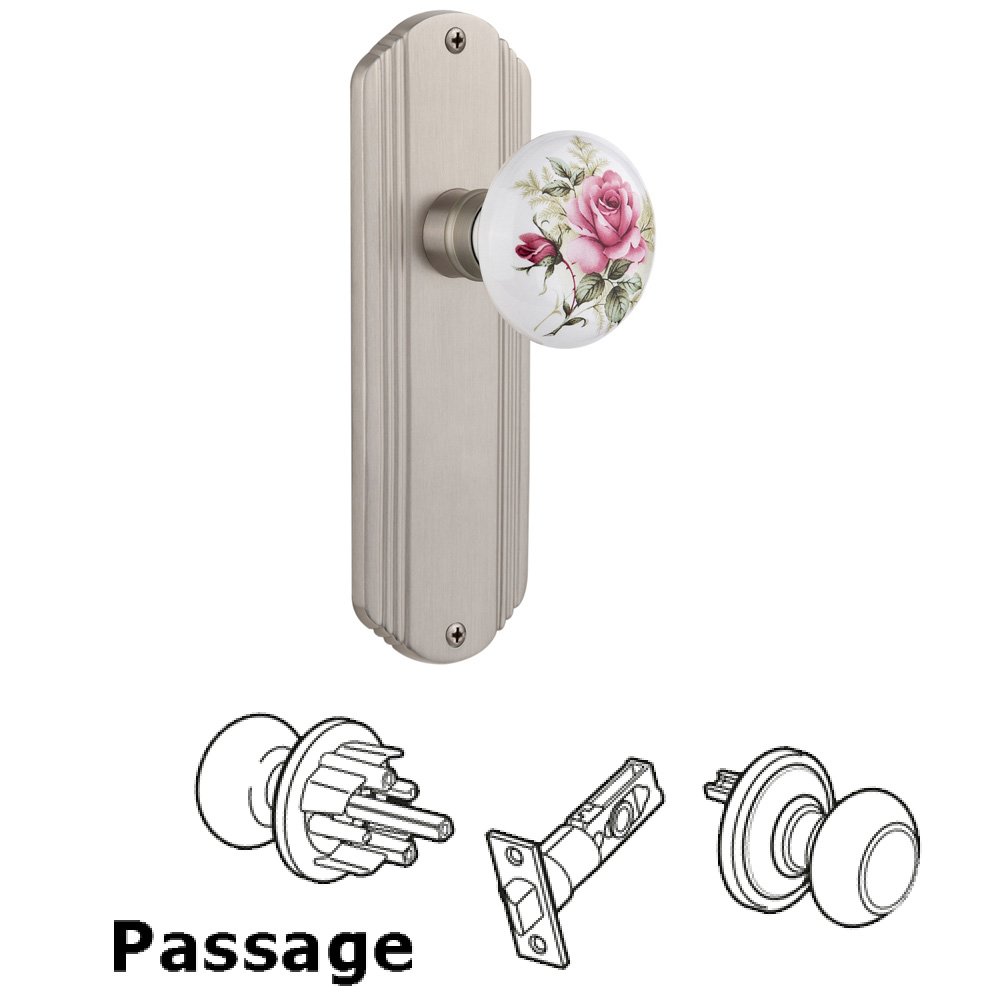Passage Deco Plate with White Rose Porcelain Door Knob in Satin Nickel
