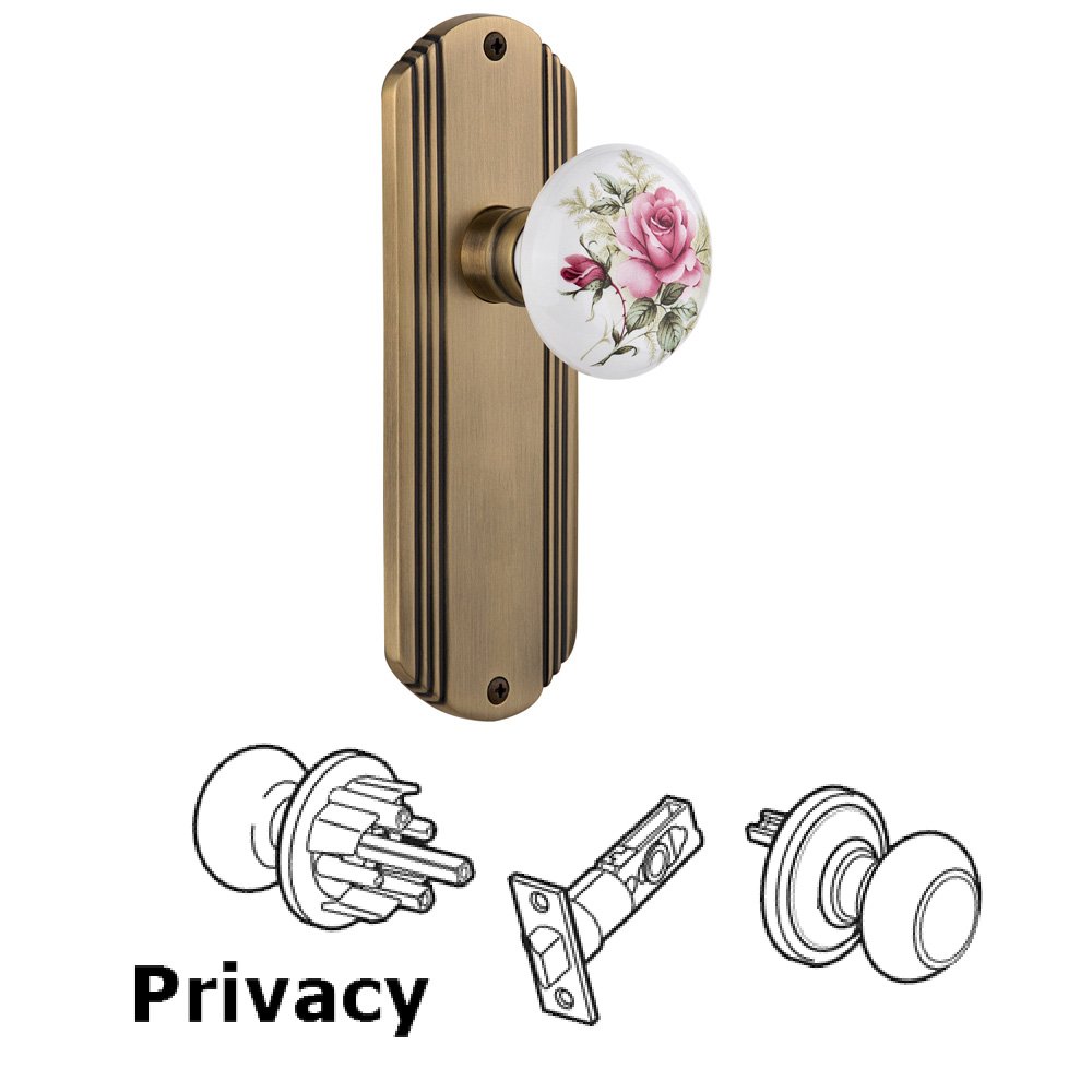 Complete Privacy Set Without Keyhole - Deco Plate with Rose Porcelain Knob in Antique Brass