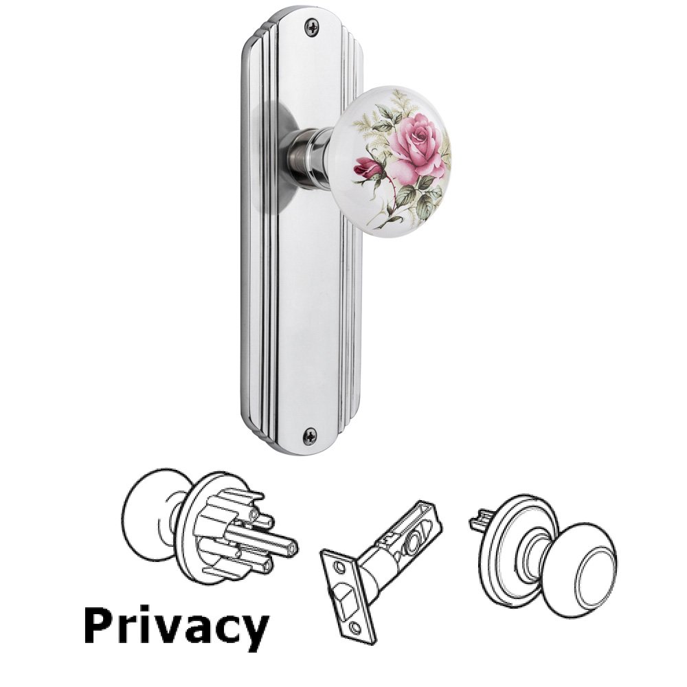 Complete Privacy Set Without Keyhole - Deco Plate with Rose Porcelain Knob in Bright Chrome