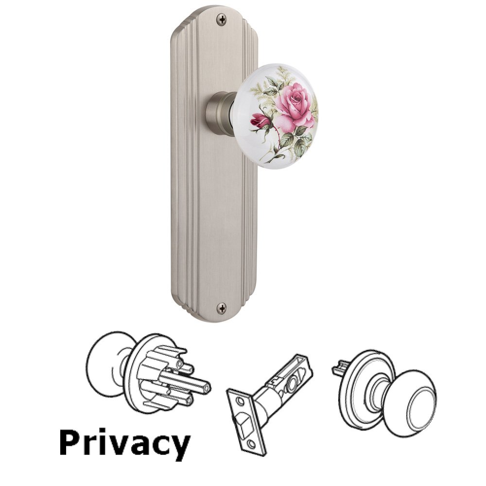 Privacy Deco Plate with White Rose Porcelain Door Knob in Satin Nickel