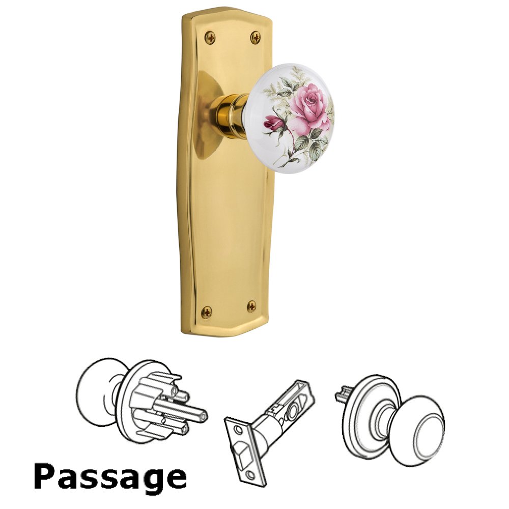 Complete Passage Set Without Keyhole - Prairie Plate with Rose Porcelain Knob in Polished Brass