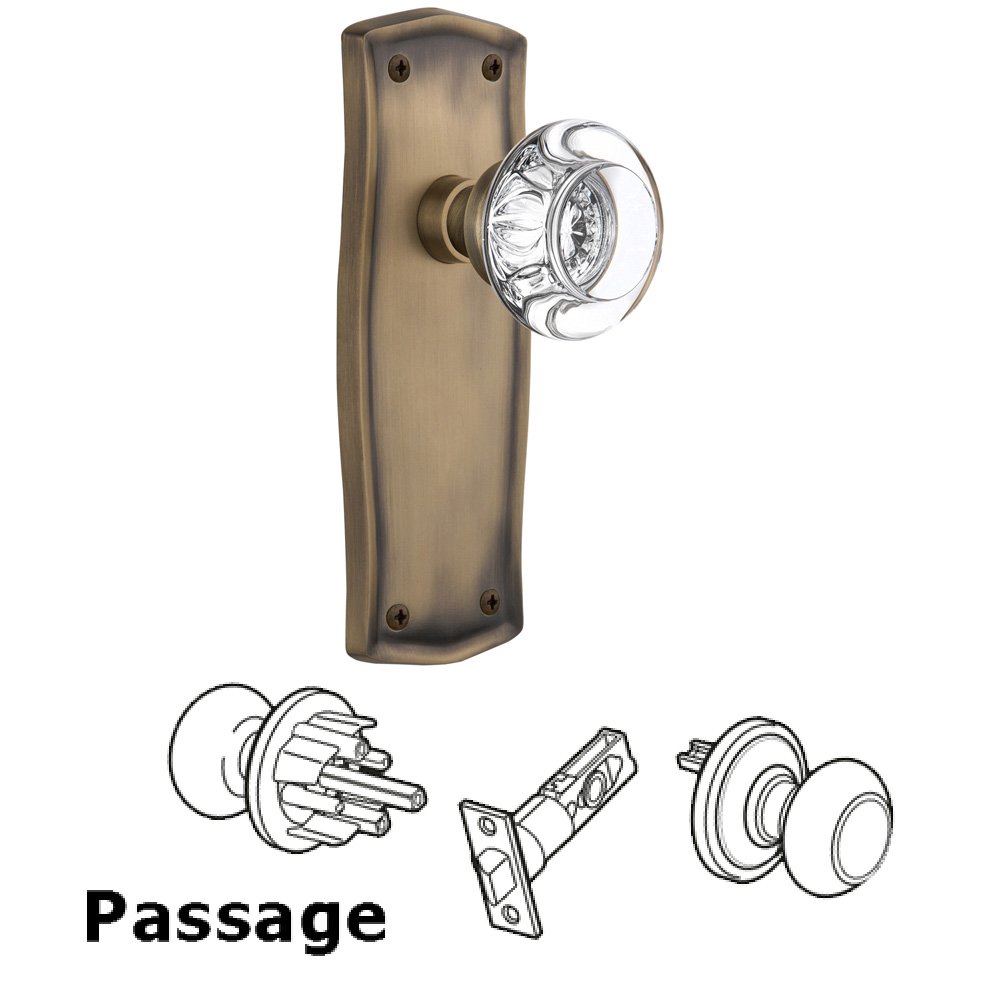 Complete Passage Set Without Keyhole - Prairie Plate with Round Clear Crystal Knob in Antique Brass