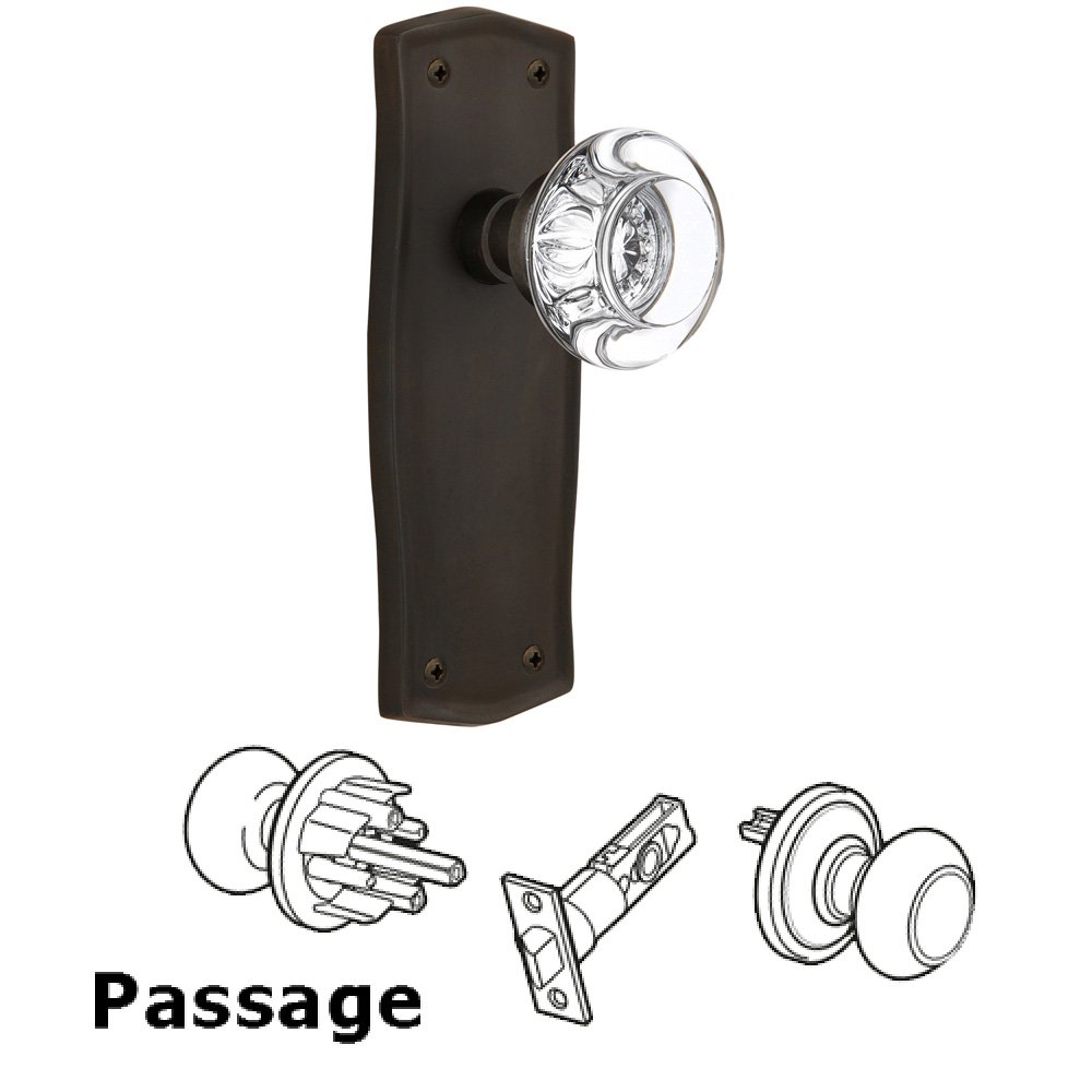 Complete Passage Set Without Keyhole - Prairie Plate with Round Clear Crystal Knob in Oil Rubbed Bronze