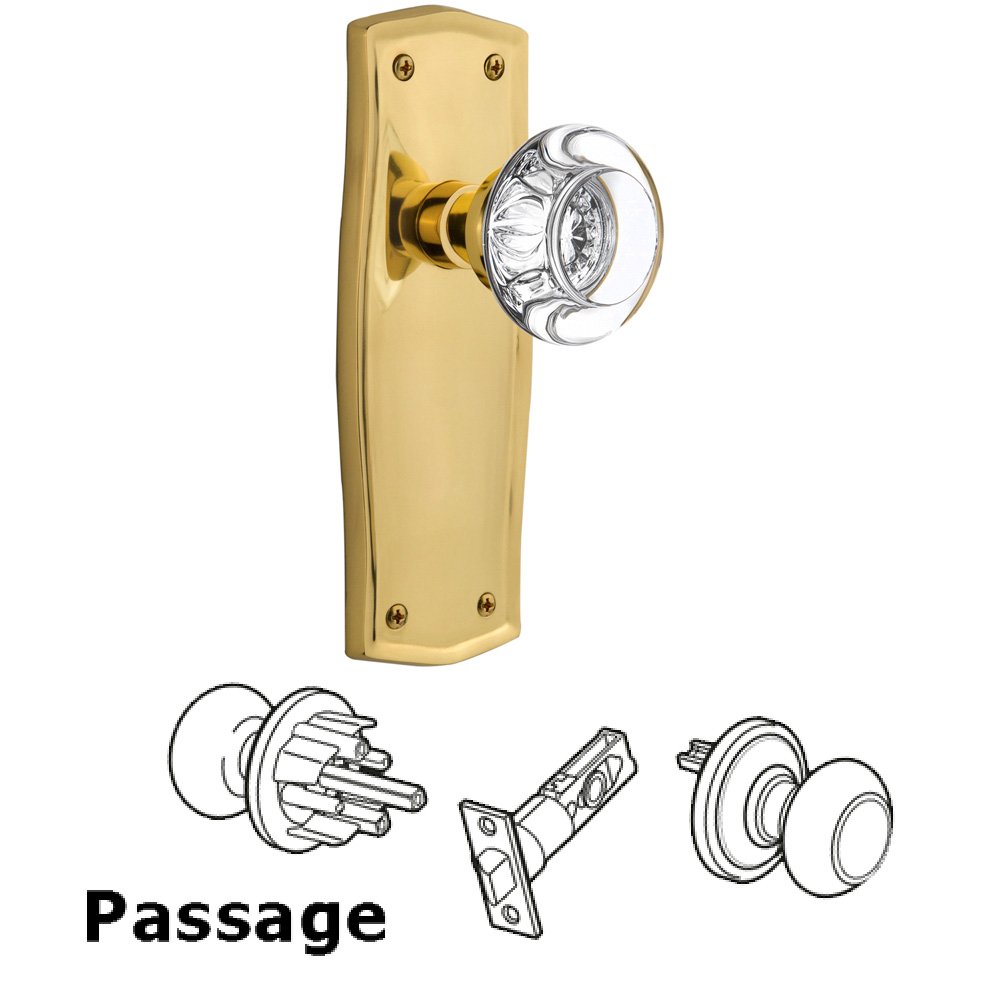 Complete Passage Set Without Keyhole - Prairie Plate with Round Clear Crystal Knob in Polished Brass