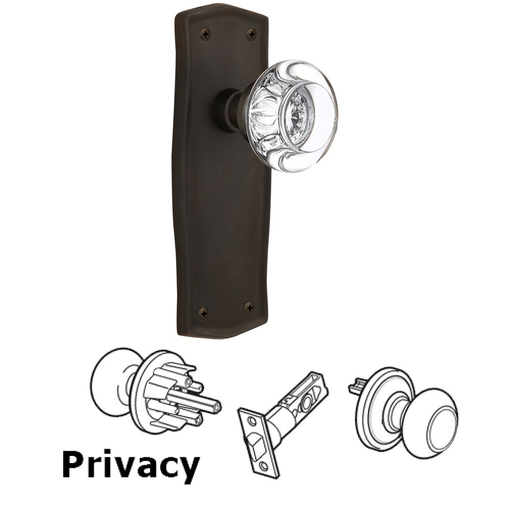 Complete Privacy Set Without Keyhole - Prairie Plate with Round Clear Crystal Knob in Oil Rubbed Bronze