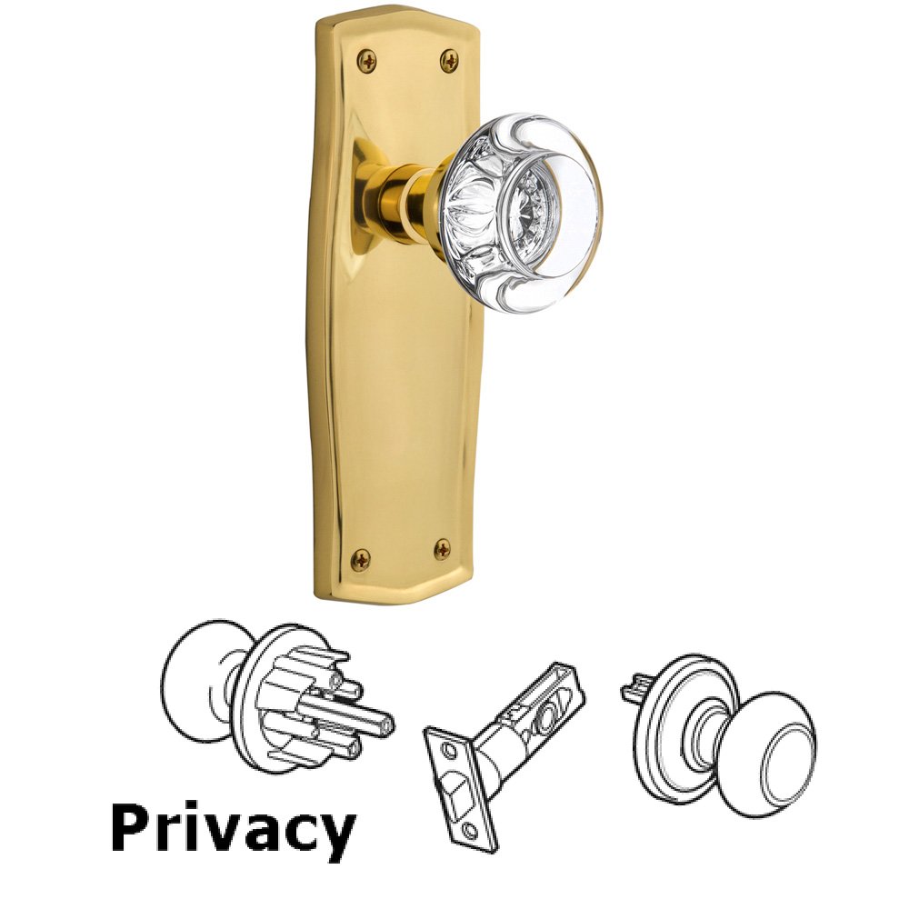 Complete Privacy Set Without Keyhole - Prairie Plate with Round Clear Crystal Knob in Polished Brass