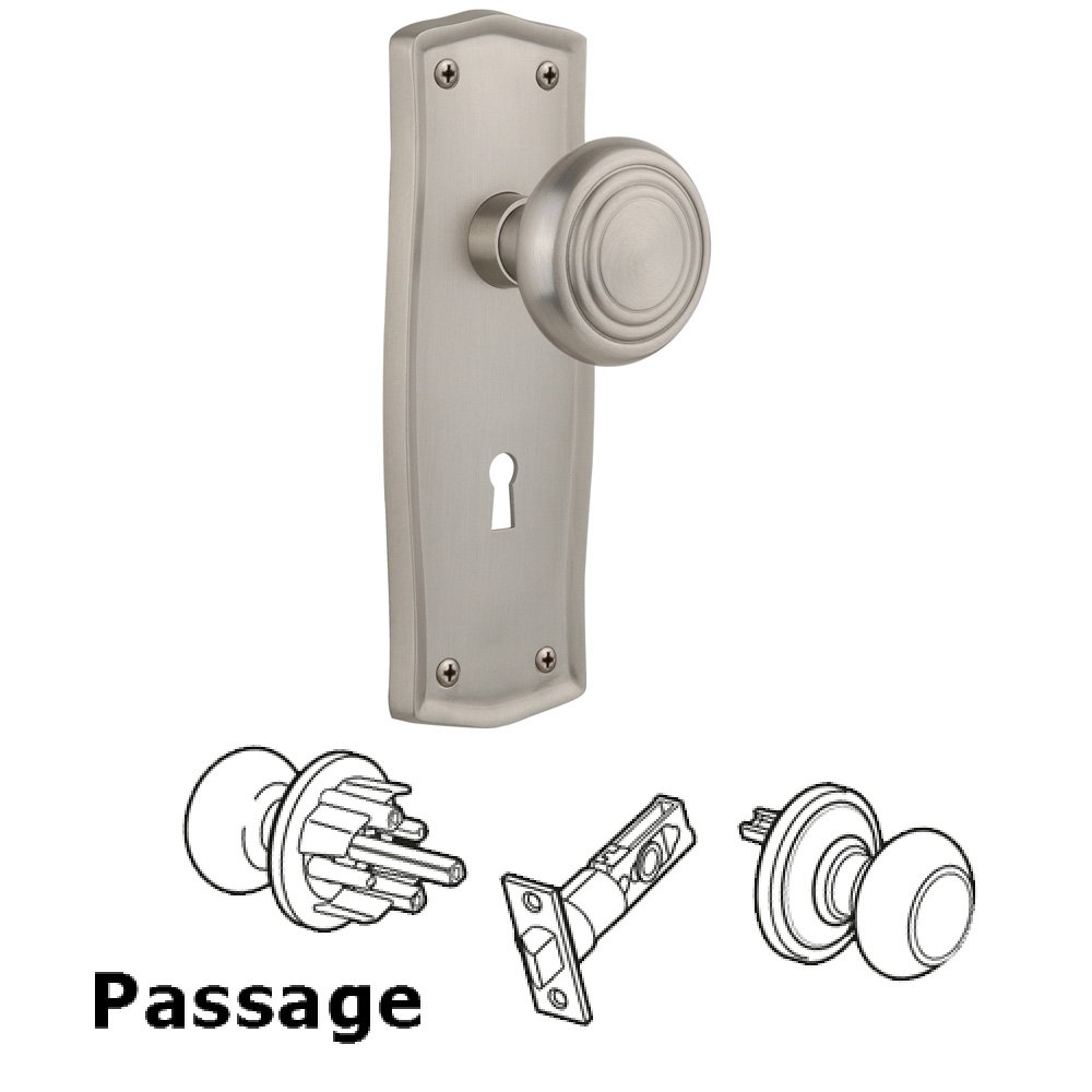 Complete Passage Set With Keyhole - Prairie Plate with Deco Knob in Satin Nickel