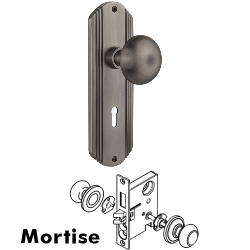 Complete Mortise Lockset - Deco Plate with New York Knob in Antique Pewter