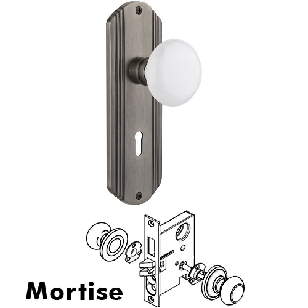 Complete Mortise Lockset - Deco Plate with White Porcelain Knob in Antique Pewter