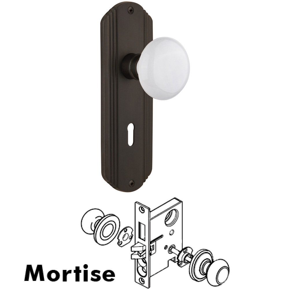 Complete Mortise Lockset - Deco Plate with White Porcelain Knob in Oil Rubbed Bronze