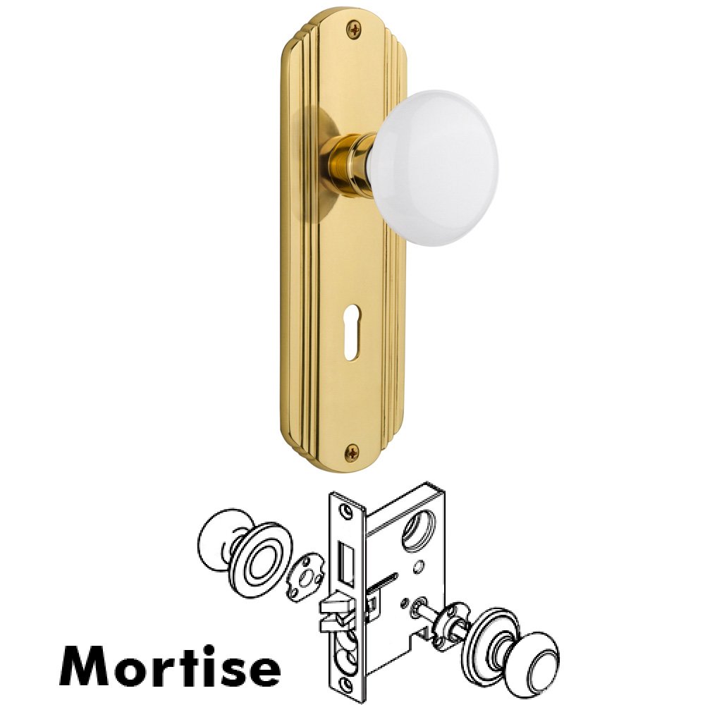 Complete Mortise Lockset - Deco Plate with White Porcelain Knob in Unlacquered Brass