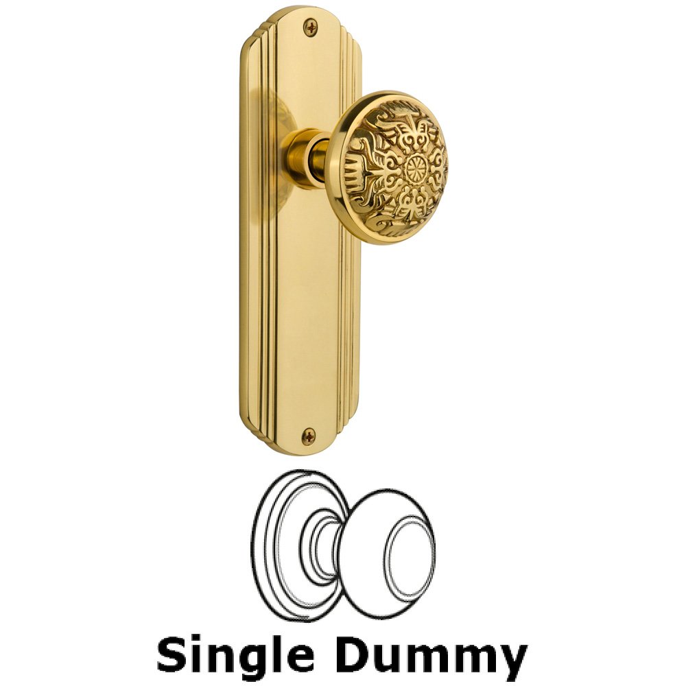 Single Dummy Knob Without Keyhole - Deco Plate with Eastlake Knob in Polished Brass