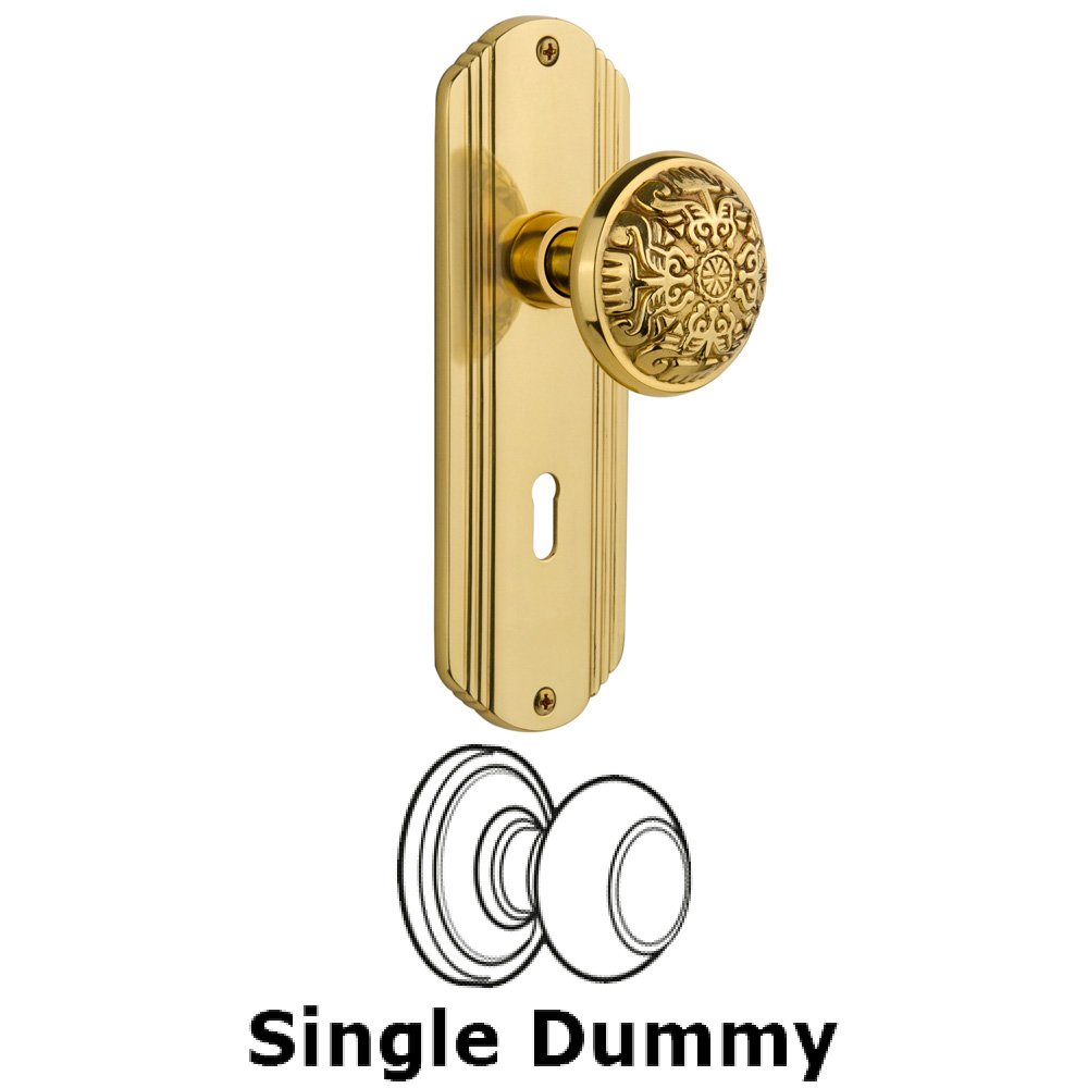 Single Dummy Knob With Keyhole - Deco Plate with Eastlake Knob in Polished Brass