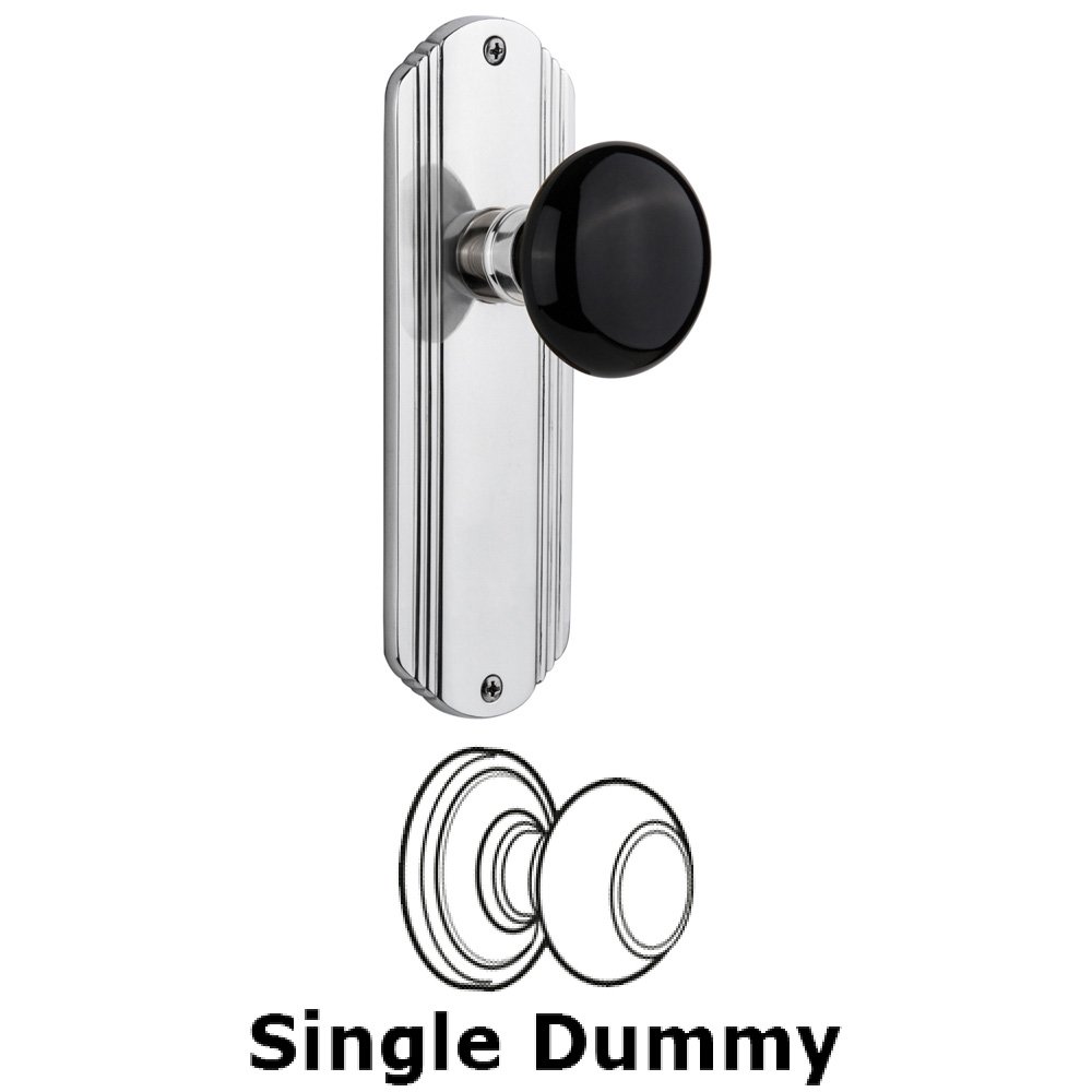 Single Dummy Knob Without Keyhole - Deco Plate with Black Porcelain Knob in Bright Chrome