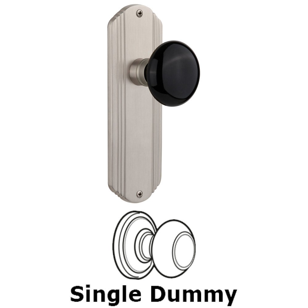 Single Dummy Knob Without Keyhole - Deco Plate with Black Porcelain Knob in Satin Nickel