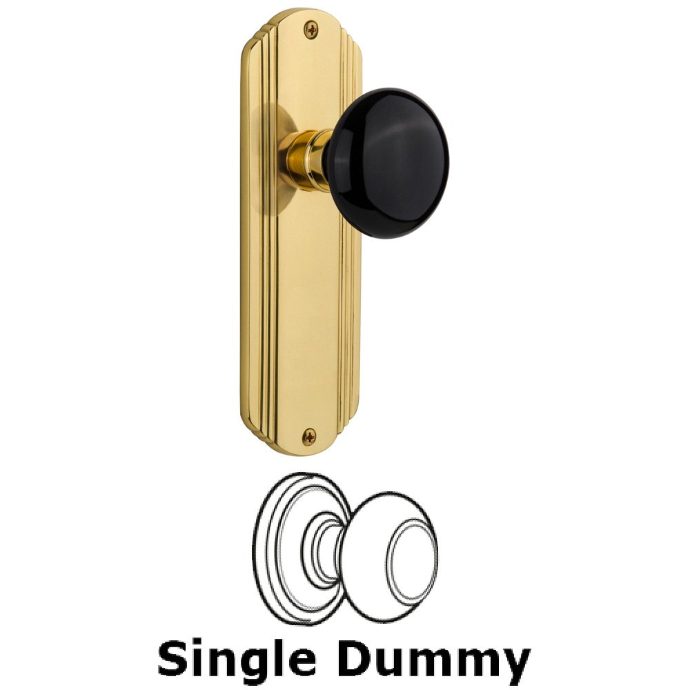 Single Dummy Knob Without Keyhole - Deco Plate with Black Porcelain Knob in Unlacquered Brass