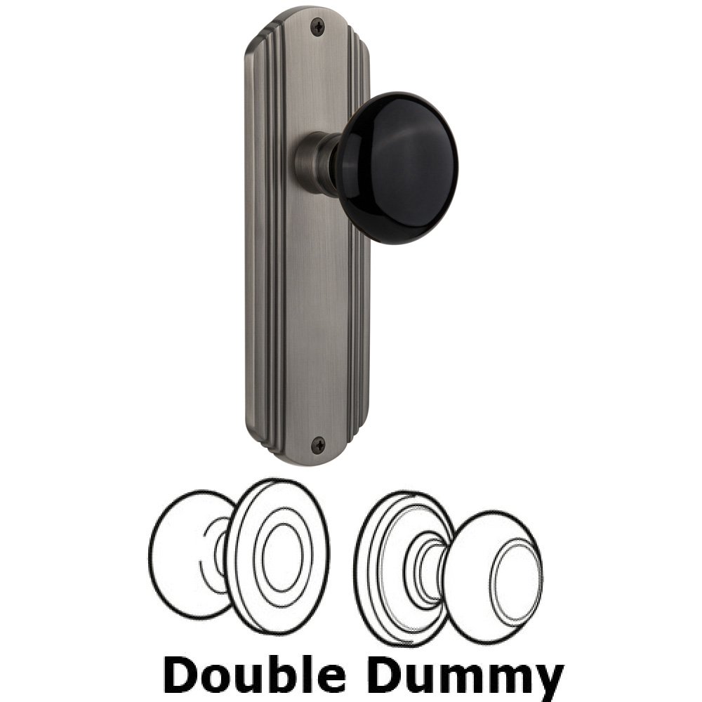 Double Dummy Set Without Keyhole - Deco Plate with Black Porcelain Knob in Antique Pewter