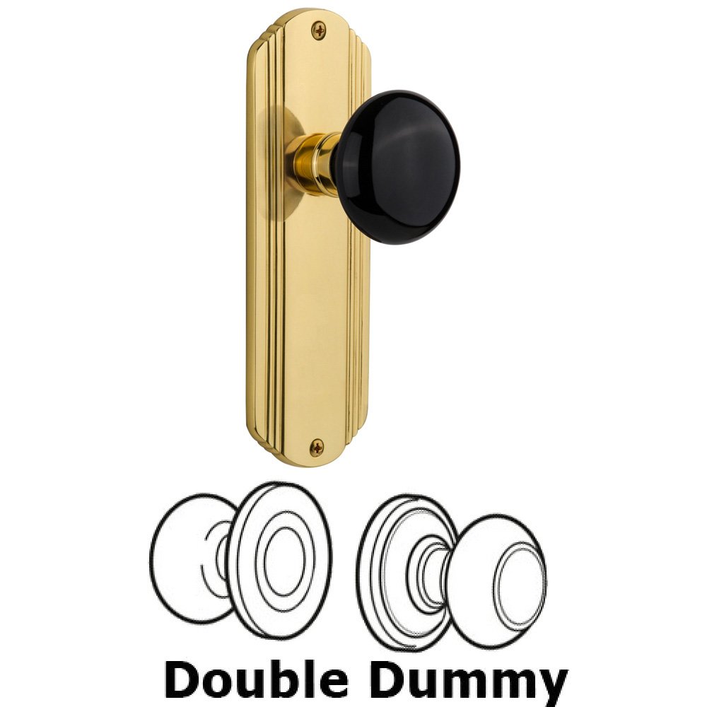 Double Dummy Set Without Keyhole - Deco Plate with Black Porcelain Knob in Unlacquered Brass
