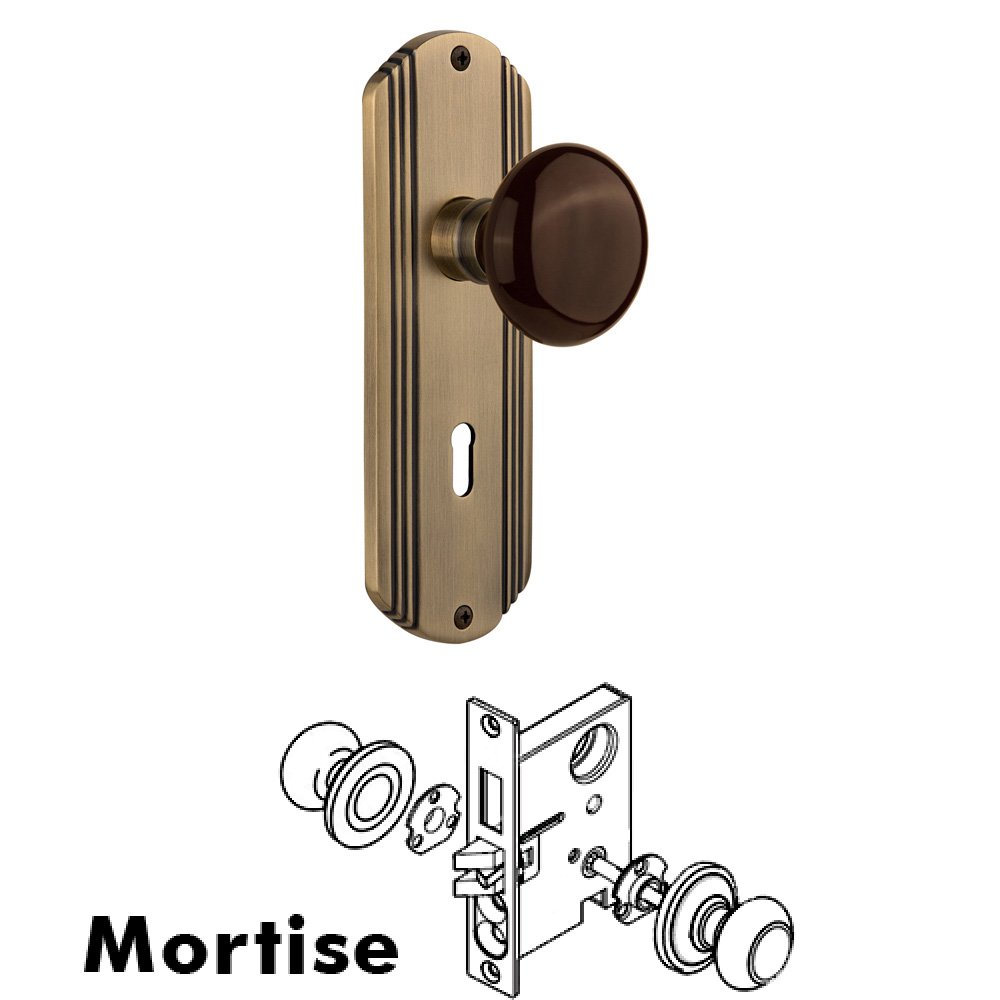 Complete Mortise Lockset - Deco Plate with Brown Porcelain Knob in Antique Brass