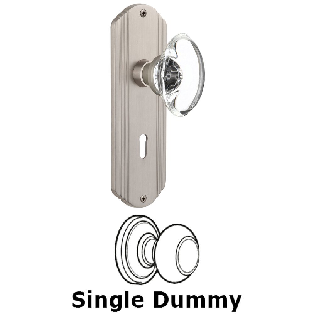 Single Dummy Knob With Keyhole - Deco Plate with Oval Clear Crystal Knob in Satin Nickel