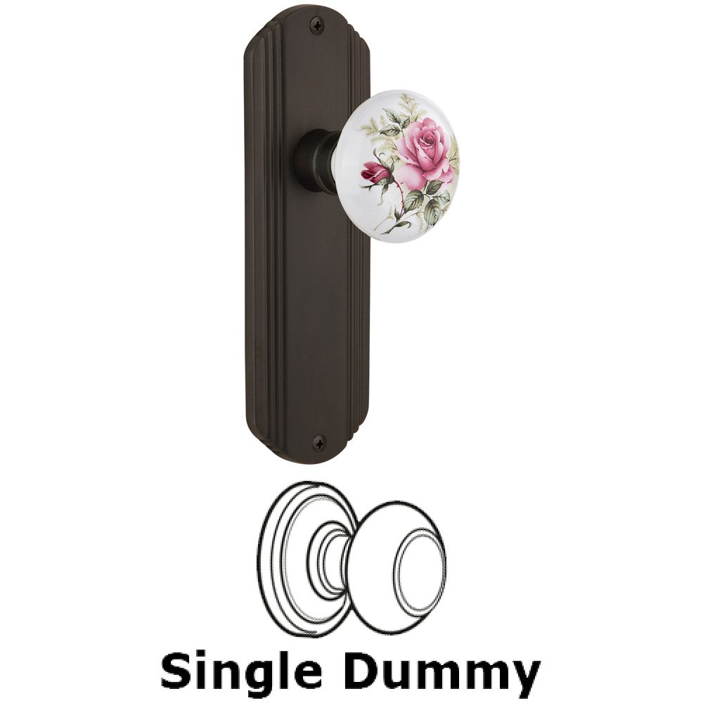 Single Dummy Knob Without Keyhole - Deco Plate with Rose Porcelain Knob in Oil Rubbed Bronze