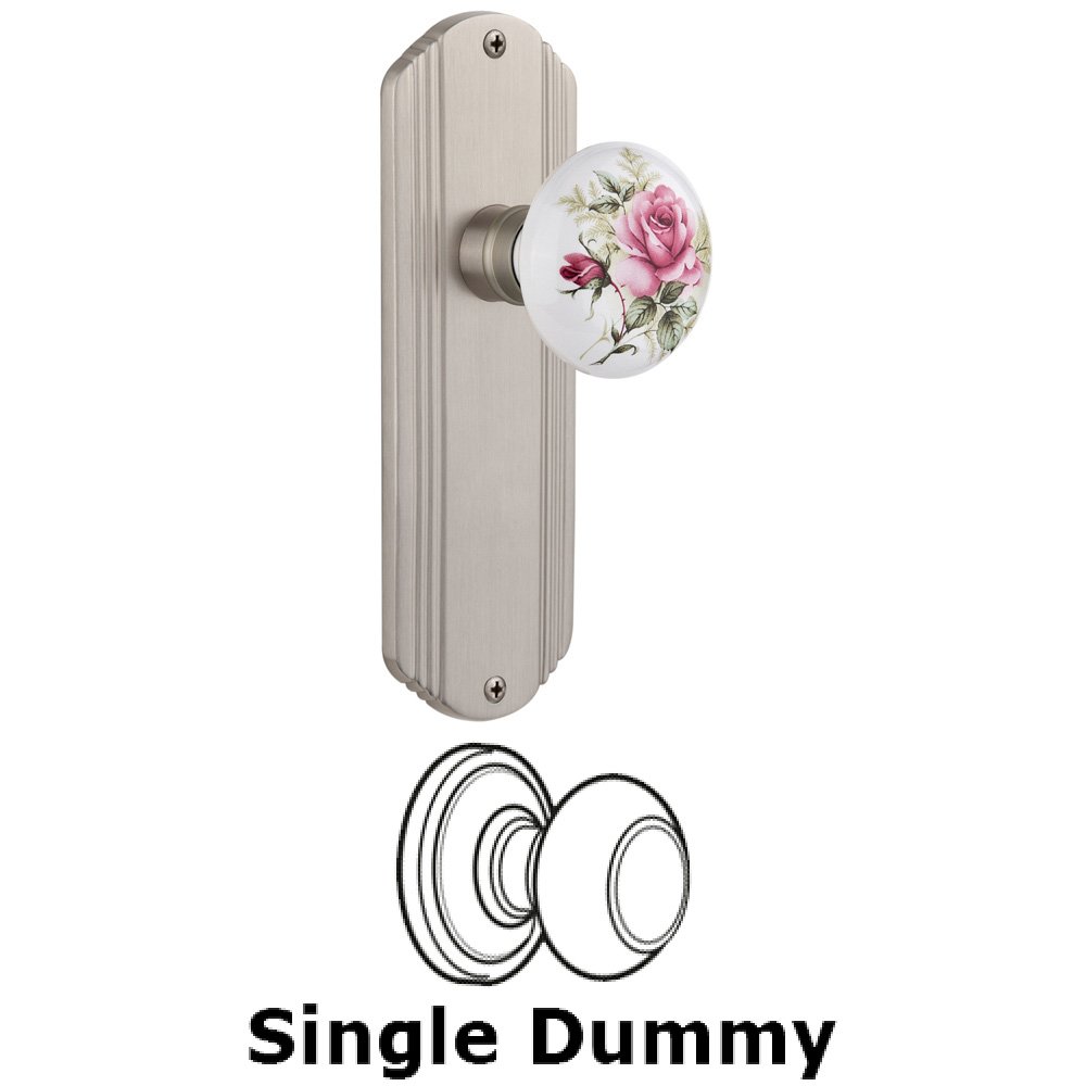 Single Dummy Knob Without Keyhole - Deco Plate with Rose Porcelain Knob in Satin Nickel