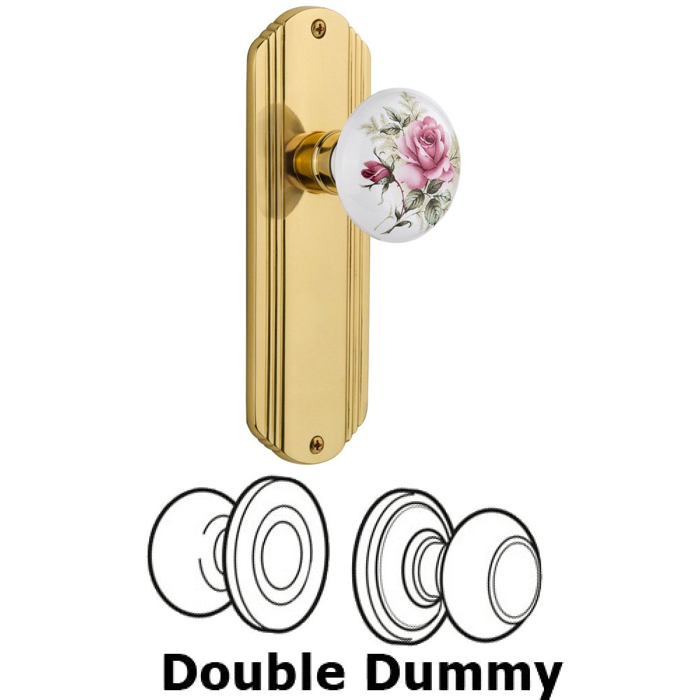 Double Dummy Set Without Keyhole - Deco Plate with Rose Porcelain Knob in Polished Brass