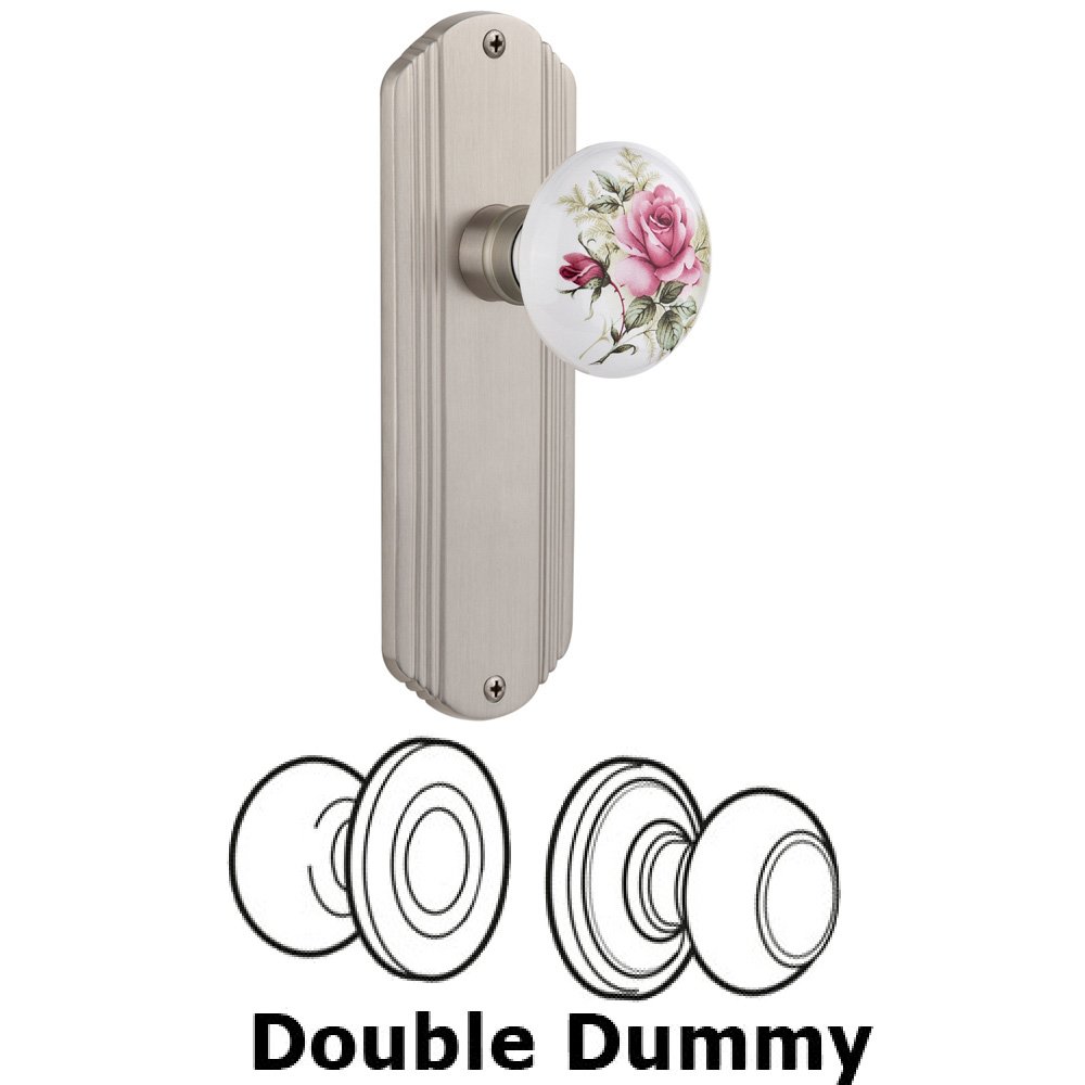 Double Dummy Set Without Keyhole - Deco Plate with Rose Porcelain Knob in Satin Nickel