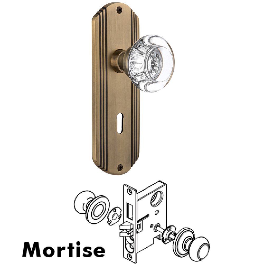 Complete Mortise Lockset - Deco Plate with Round Clear Crystal Knob in Antique Brass