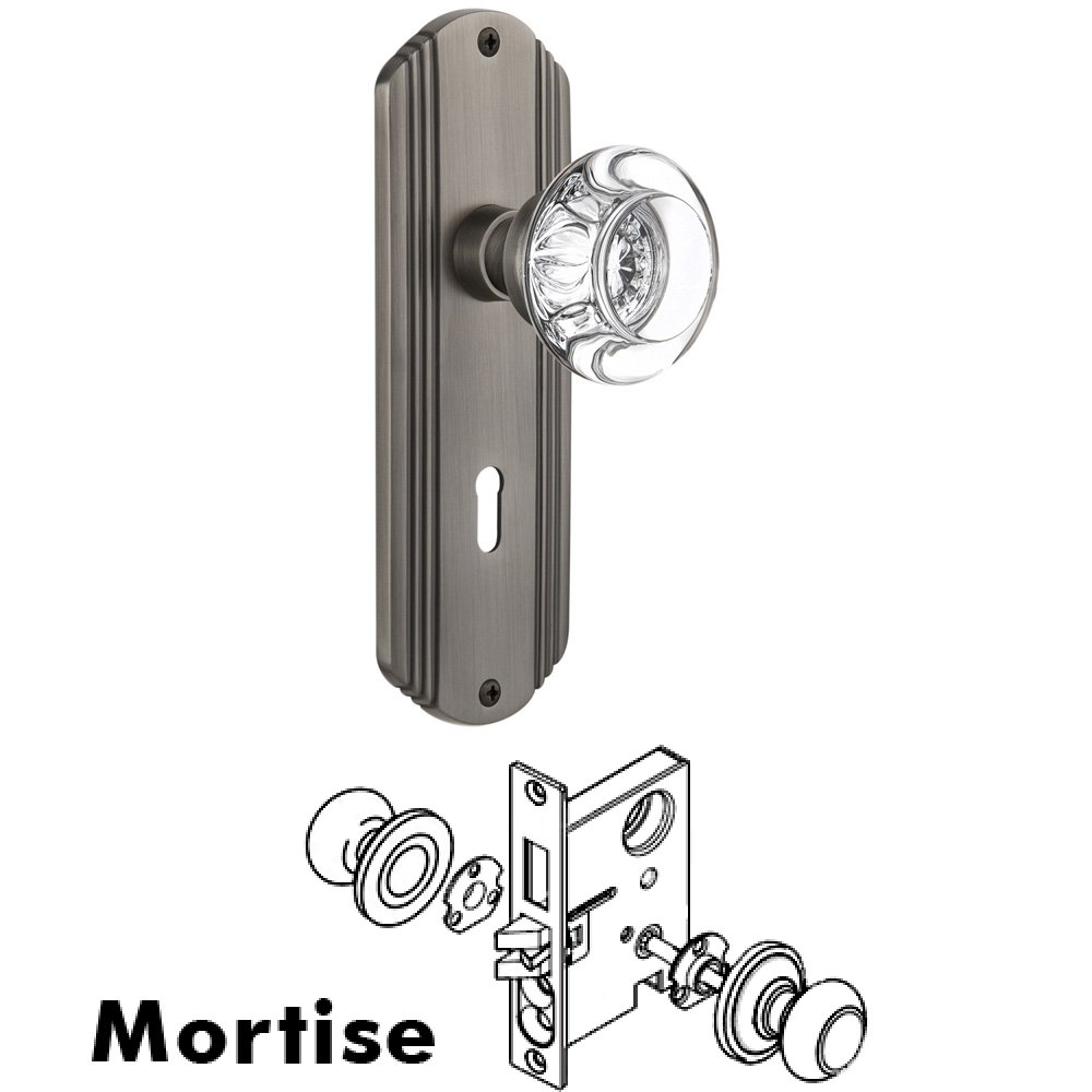 Complete Mortise Lockset - Deco Plate with Round Clear Crystal Knob in Antique Pewter