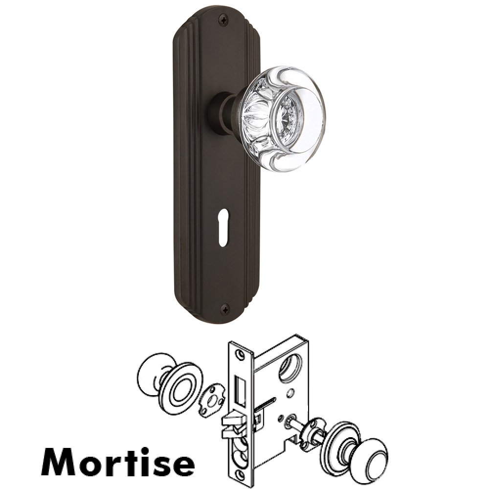 Complete Mortise Lockset - Deco Plate with Round Clear Crystal Knob in Oil Rubbed Bronze