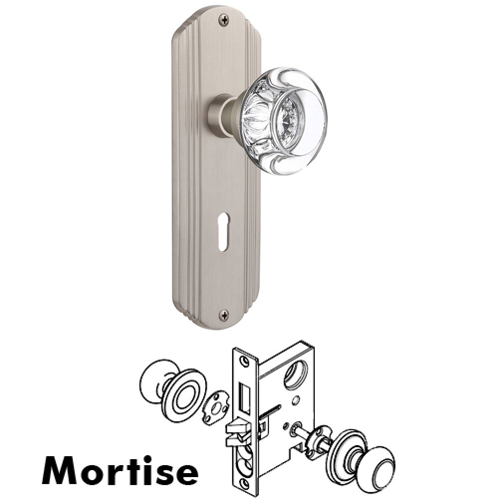 Complete Mortise Lockset - Deco Plate with Round Clear Crystal Knob in Satin Nickel