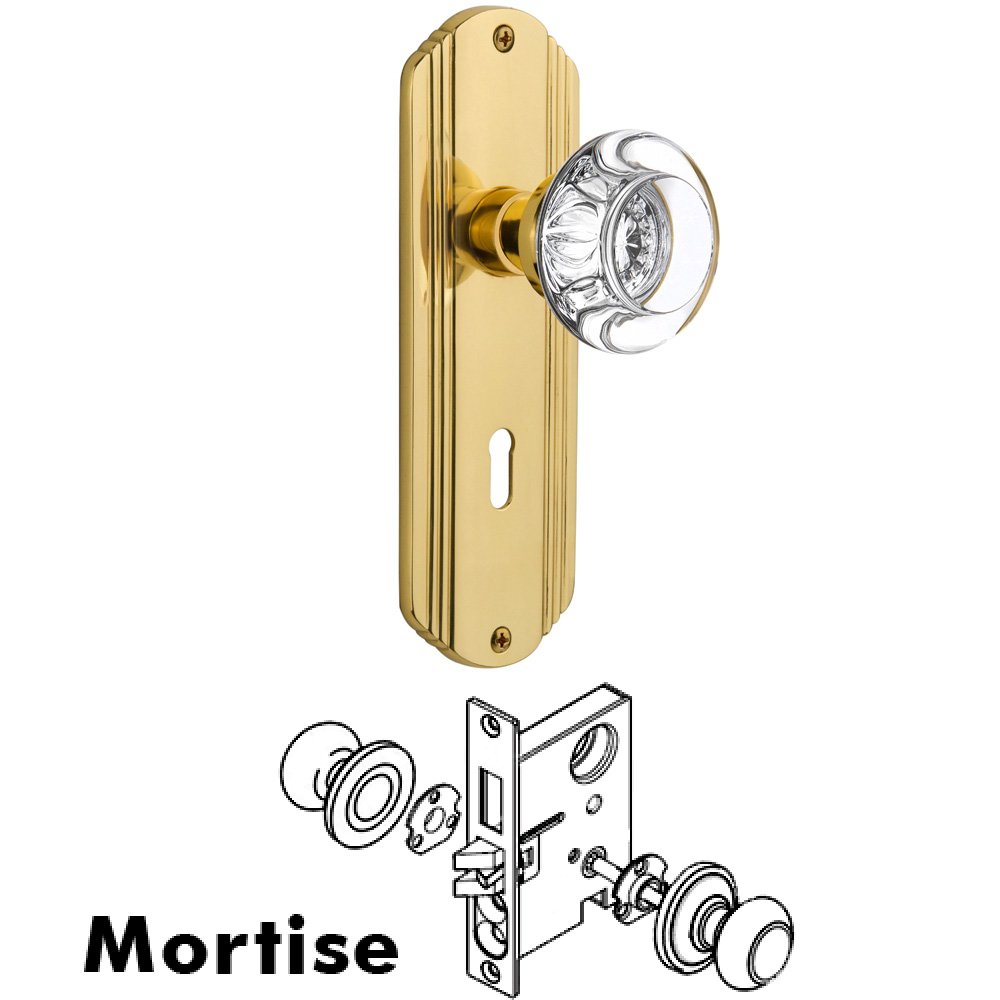 Complete Mortise Lockset - Deco Plate with Round Clear Crystal Knob in Unlacquered Brass