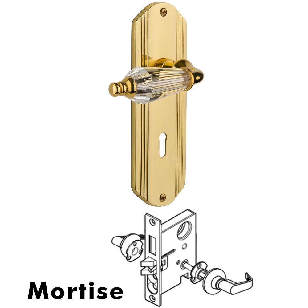 Complete Mortise Lockset - Deco Plate with Parlour Lever in Unlacquered Brass