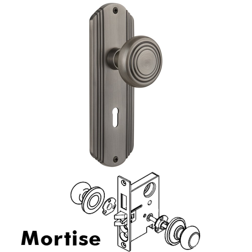 Complete Mortise Lockset - Deco Plate with Deco Knob in Antique Pewter