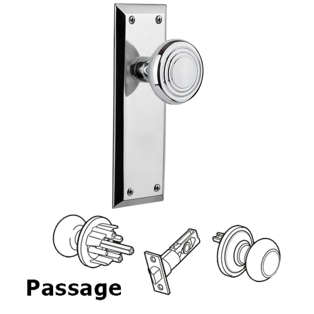 Passage New York Plate with Deco Door Knob in Bright Chrome