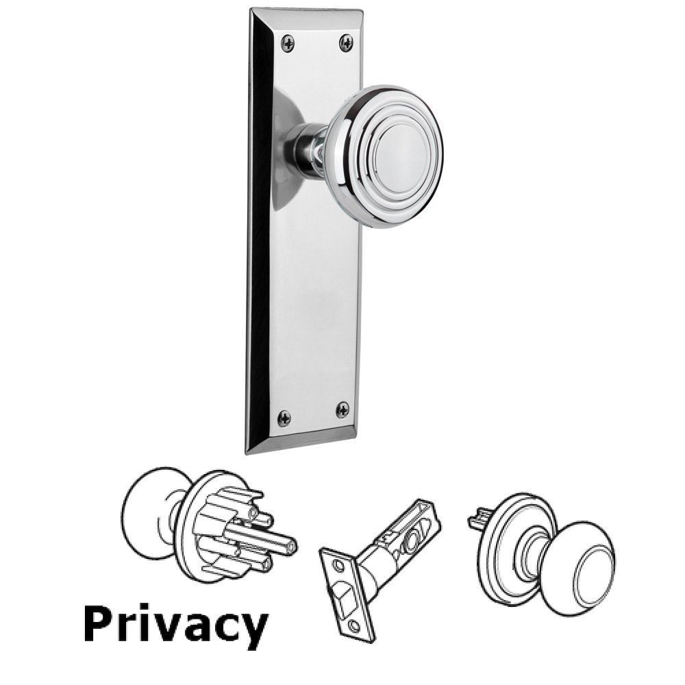 Complete Privacy Set Without Keyhole - New York Plate with Deco Knob in Bright Chrome
