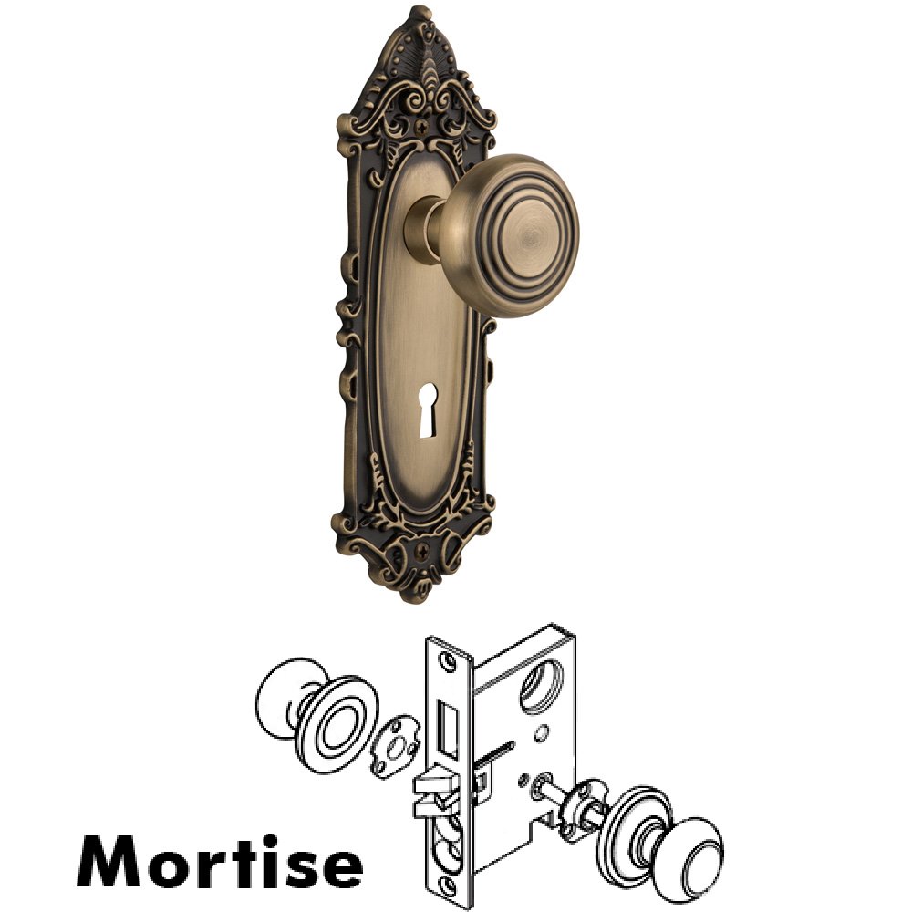 Complete Mortise Lockset - Victorian Plate with Deco Knob in Antique Brass