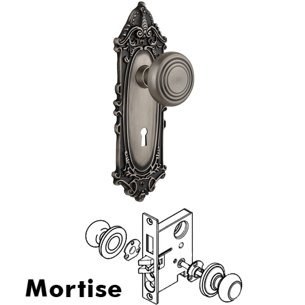 Complete Mortise Lockset - Victorian Plate with Deco Knob in Antique Pewter