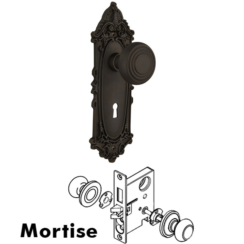 Complete Mortise Lockset - Victorian Plate with Deco Knob in Oil Rubbed Bronze