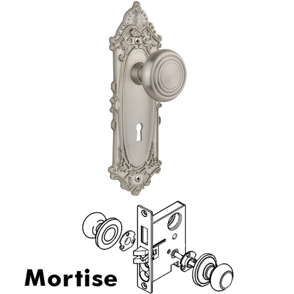 Complete Mortise Lockset - Victorian Plate with Deco Knob in Satin Nickel