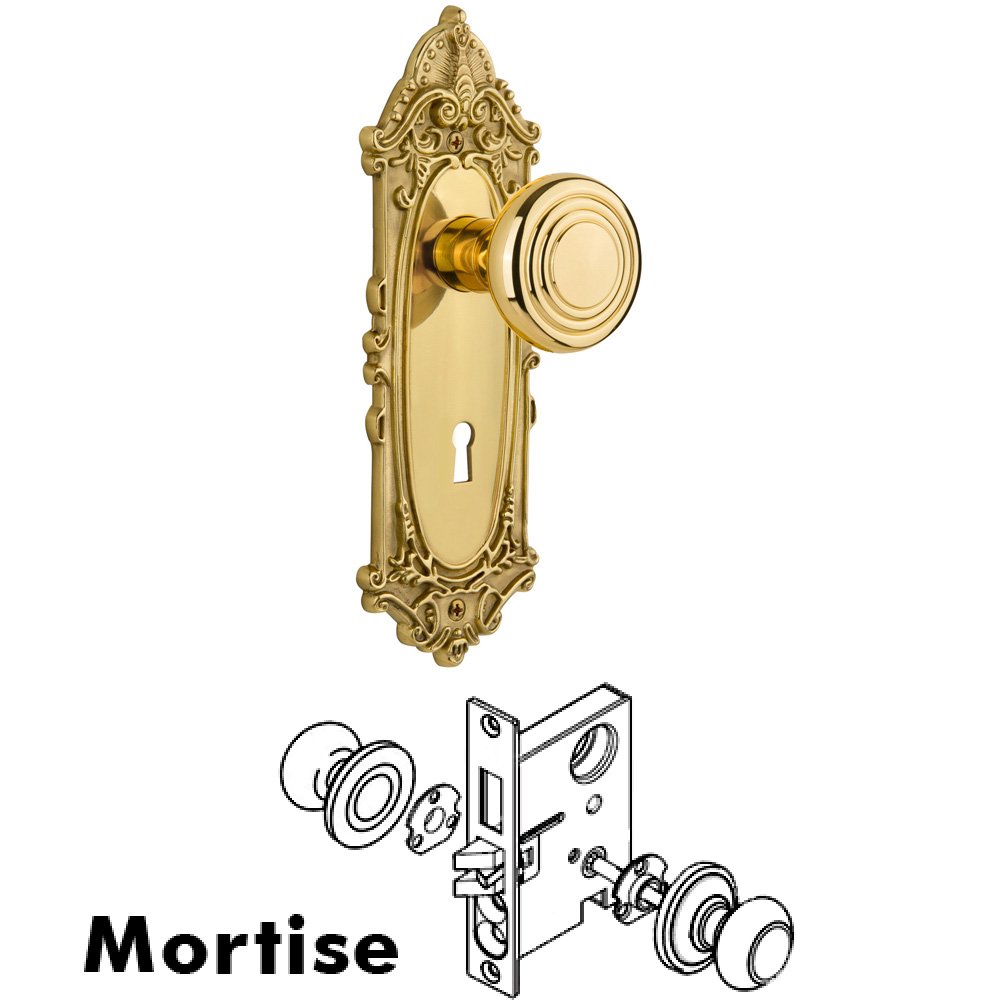 Complete Mortise Lockset - Victorian Plate with Deco Knob in Unlacquered Brass
