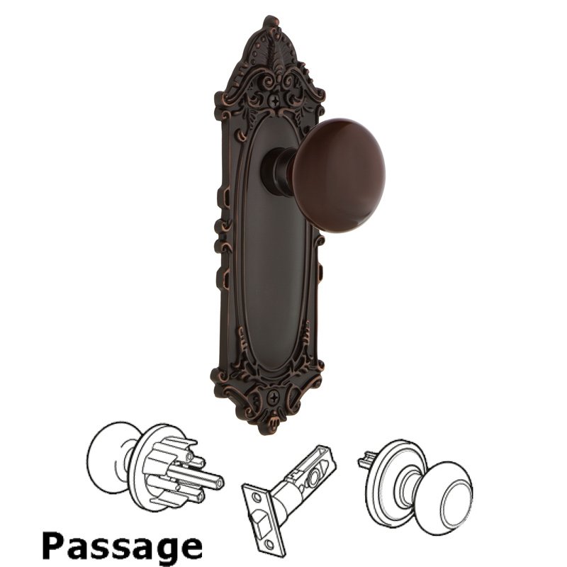 Passage Victorian Plate with Brown Porcelain Door Knob in Timeless Bronze